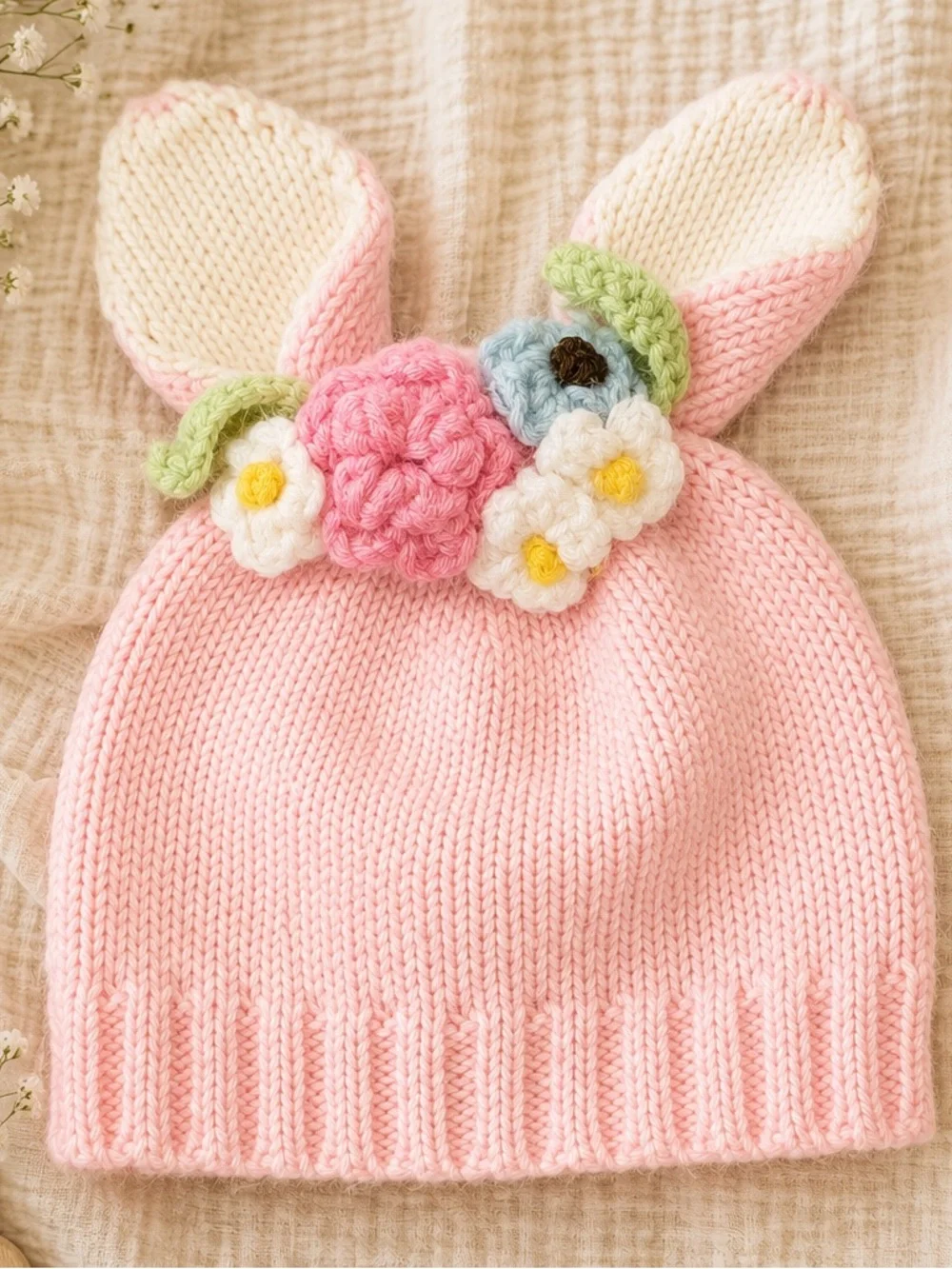 Baby Pink Bunny Ear Knit Beanie Hat with Floral Appliqué